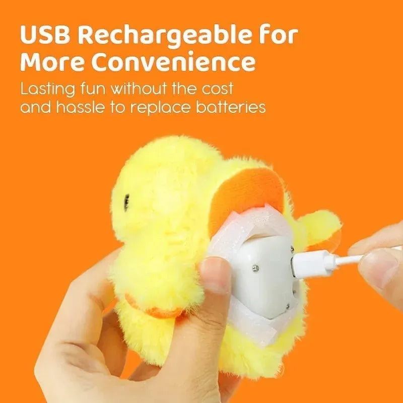 Yellow flapping duck cat toy with vibration sensor and USB-C charging port