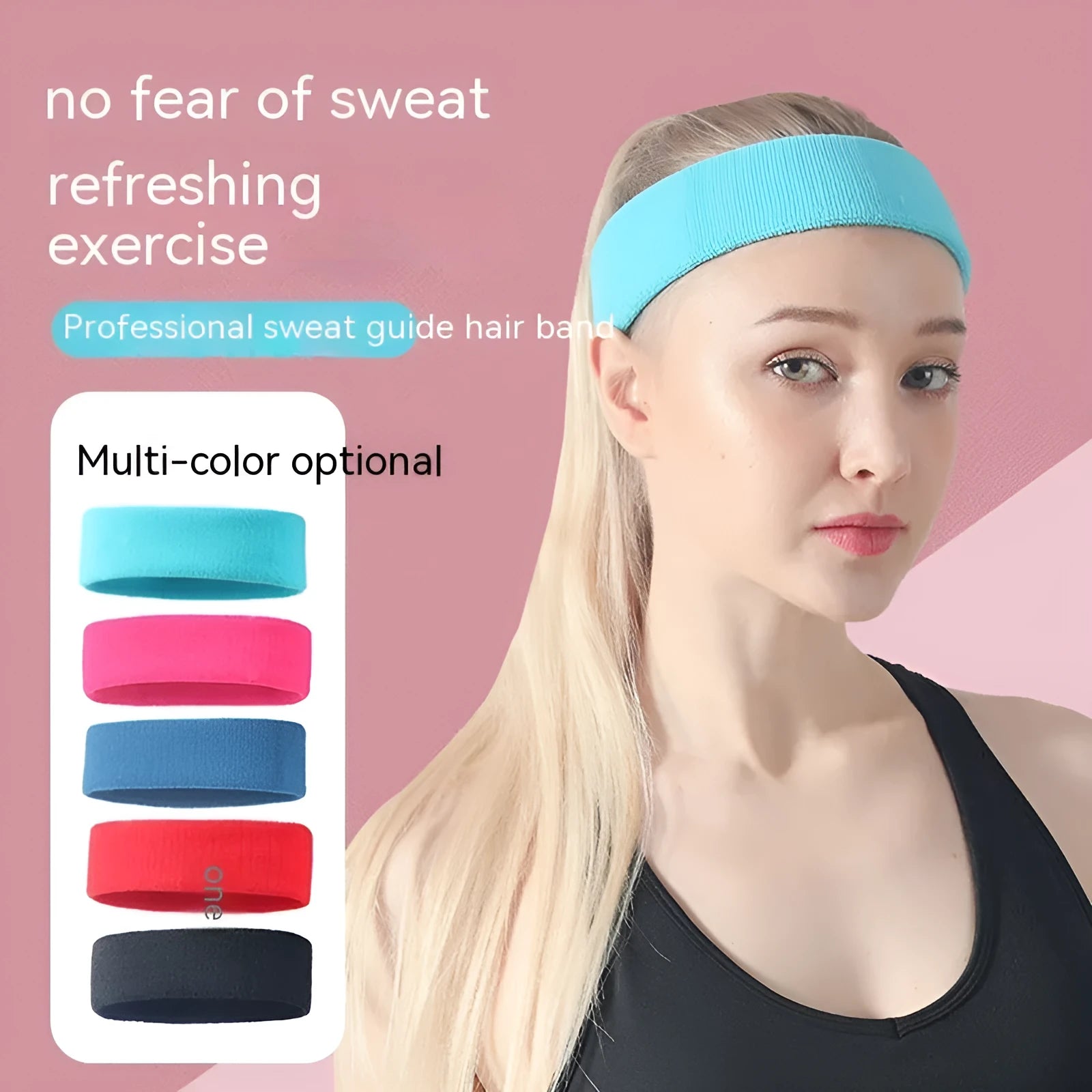 Elastic solid colour sports sweat band in black, shown on a forehead.