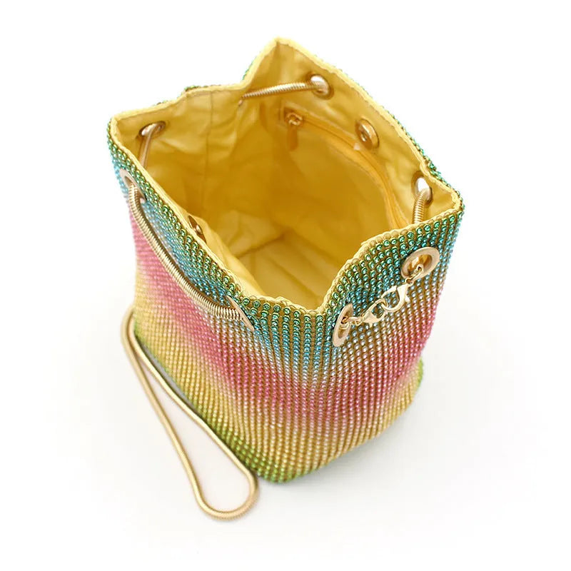 Net red rhinestone bucket bag with diamond texture and soft fabric construction
