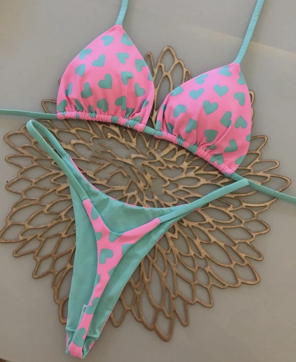 Heart pattern backless swimsuit with briefs style and split design for swimming activities