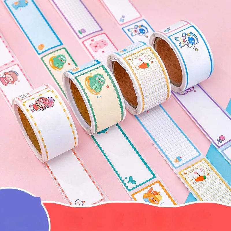 Cartoon tape name labels roll with dinosaur astronaut rabbit girl designs for student organisation