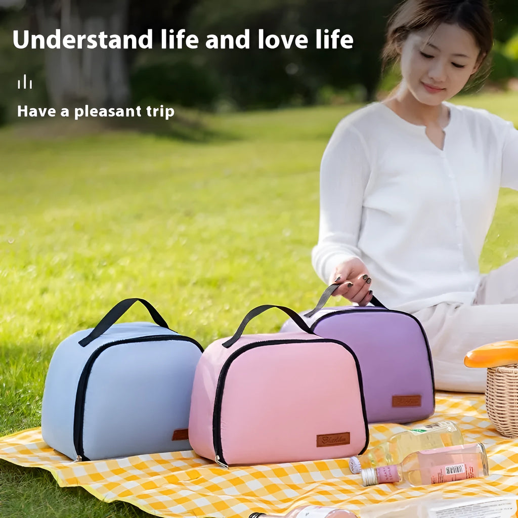 Textured cloth insulated lunch bag in sapphire blue colour with large capacity for a bento box.