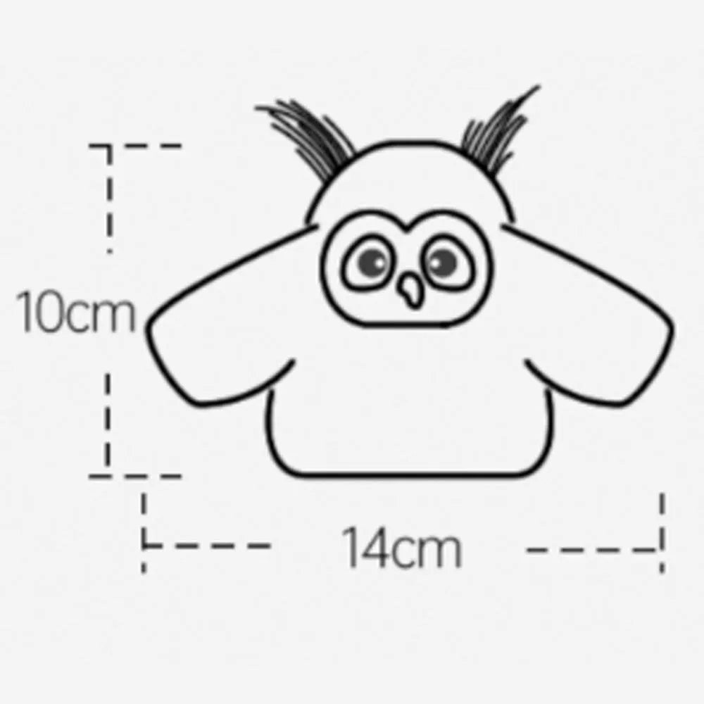 Grey plush owl automatic cat toy with beating wings on flat surface with USB charging cable