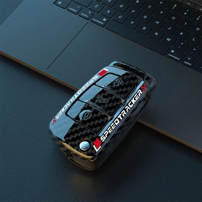 Carbon fibre style car key cover with mirror element in carbon black colour