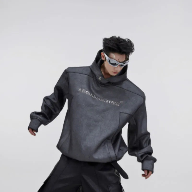 Men's red loose hooded sweater with heavy shoulder pads and metallic 3D printed graphic design