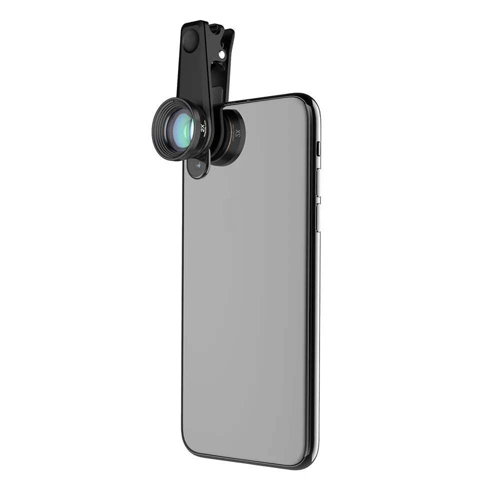 Black 6 in 1 universal smartphone camera lens kit with fisheye, macro, wide-angle, telephoto, CPL and star filters