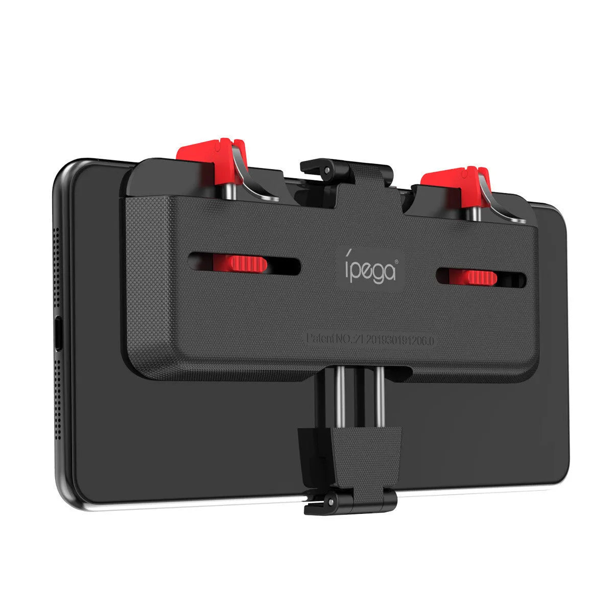 Black PG-9137 mobile phone gaming trigger handle showing the rear-mounted trigger and telescopic phone clip.