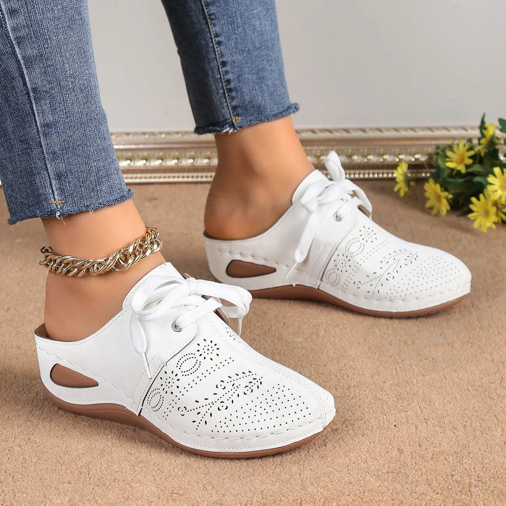 Women's baotou lace-up slippers in light grey with a hollow-out wedge and rubber sole.