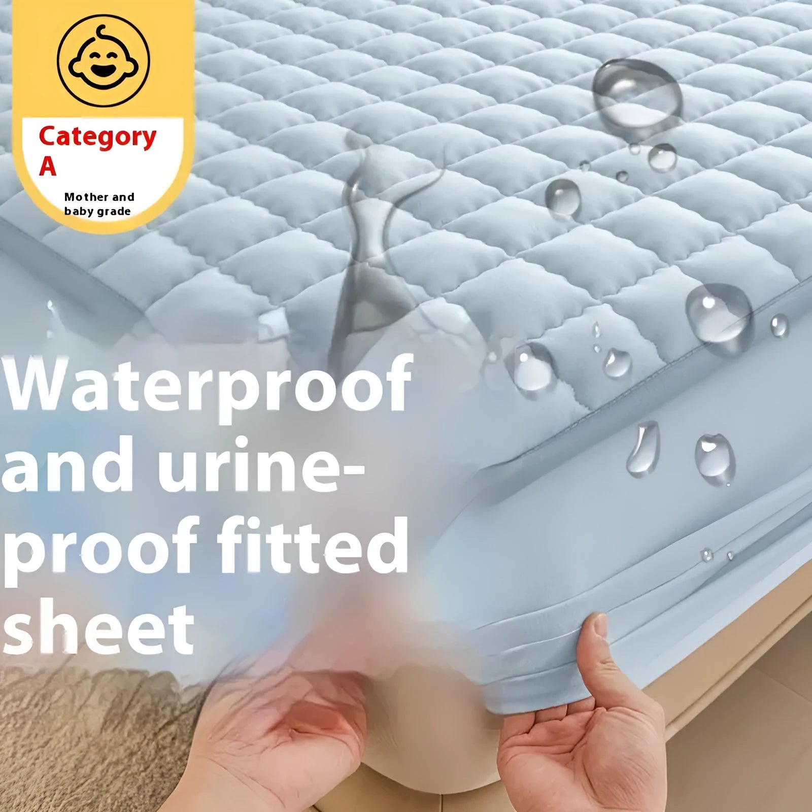 Washed cotton waterproof fitted sheet in light grey colour with elasticated corners on a mattress