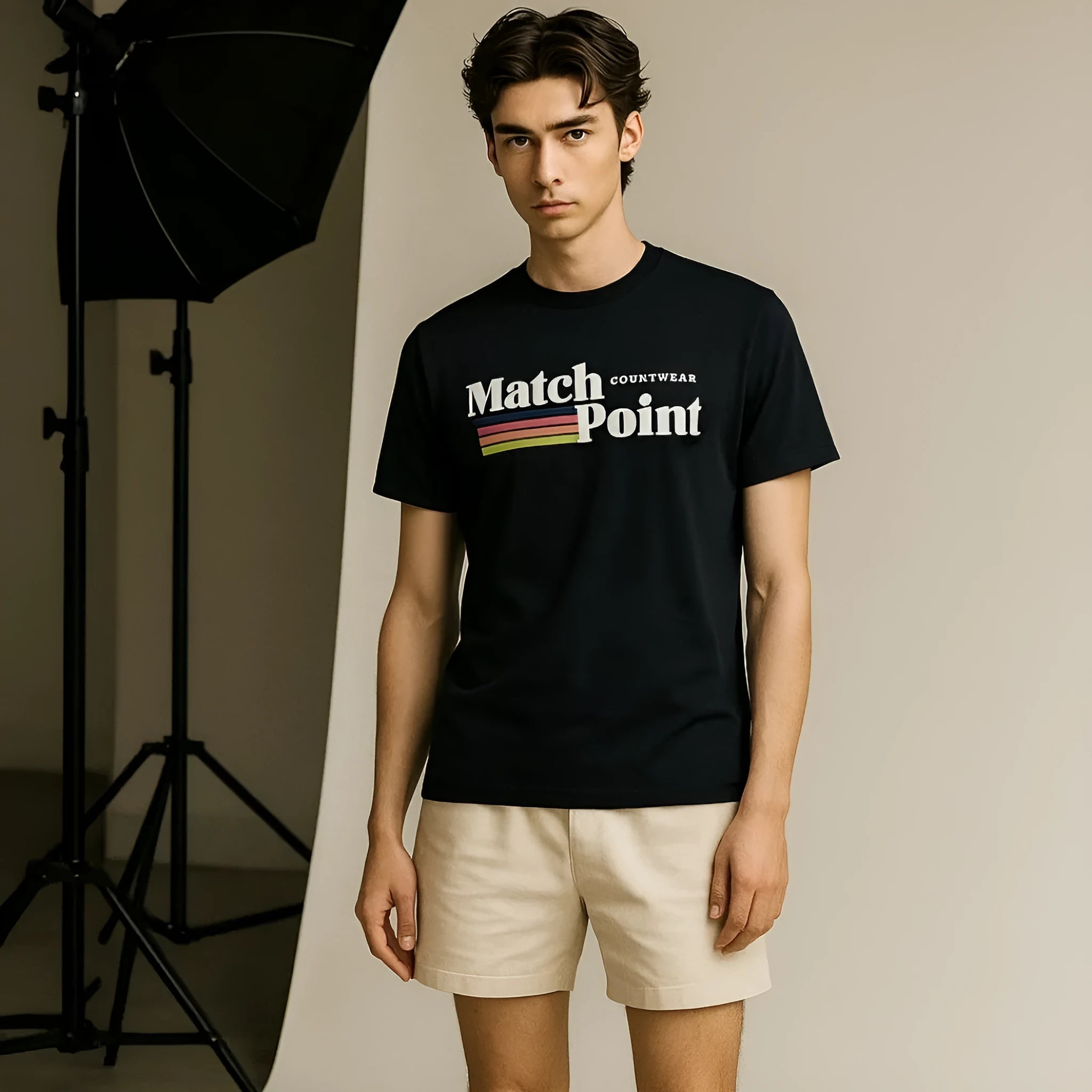 Men's black t-shirt with 3D digital pattern, short sleeves, round neck