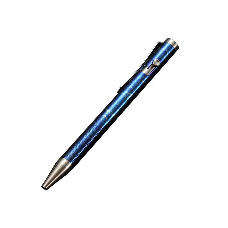 Titanium alloy gun bolt handle ball pen with a randomised phantom colour finish on a dark background.