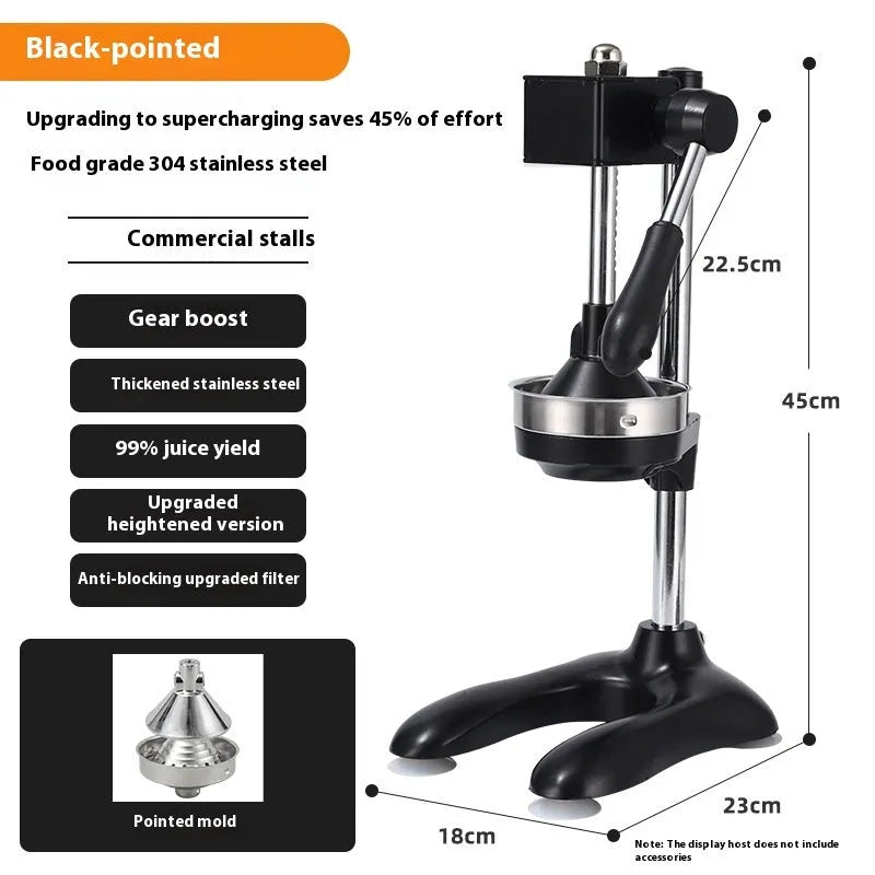 Vertical stainless steel manual juicer with three tip options: pointed head, flat head, and double head.