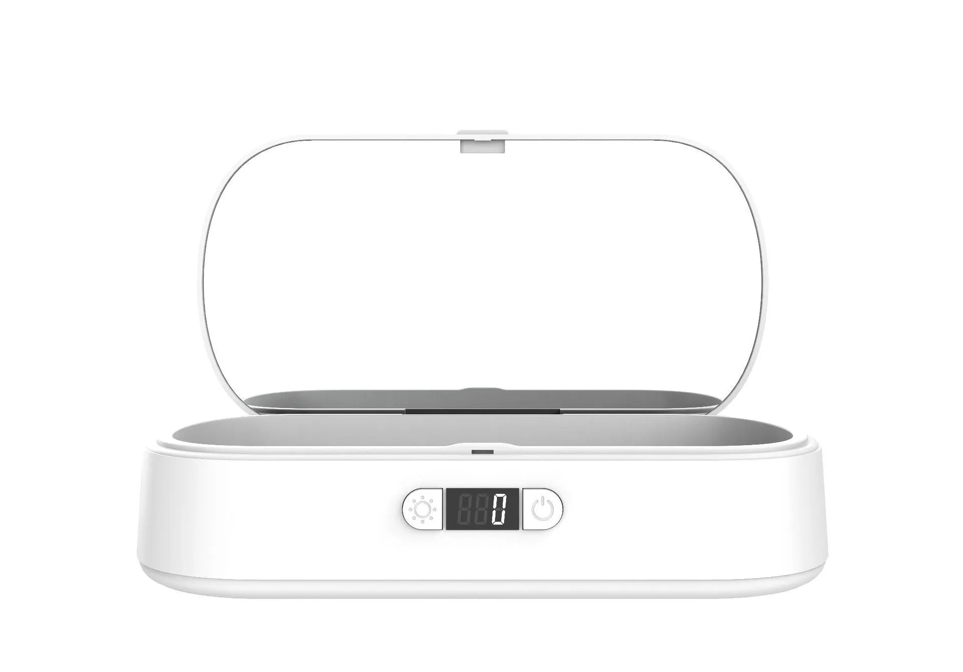 White portable UV steriliser and wireless charging box with aromatherapy function on a desktop