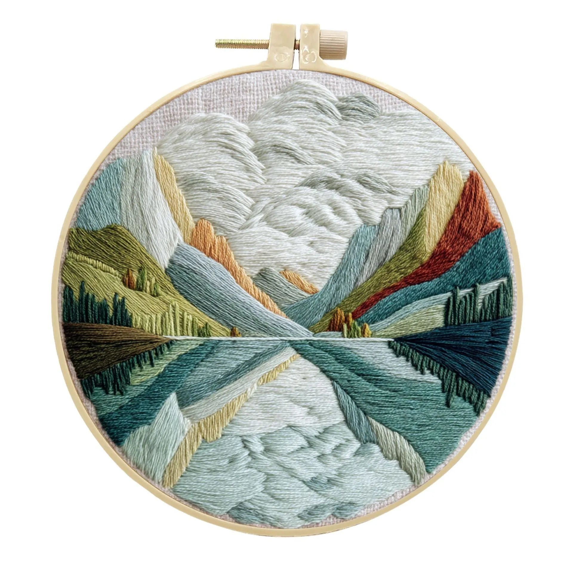 Embroidery DIY kit with printed landscape fabric, embroidery threads, needles, and frame for handmade cloth art