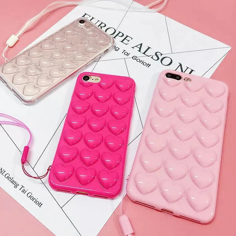 Peach heart TPU phone case with lanyard for iPhone, three-dimensional love design