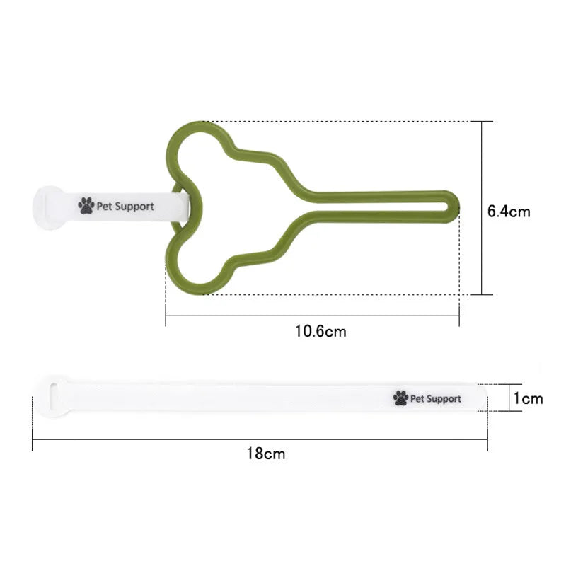 Hands-free dog poo bag holder with velcro strap attached to a dog lead.