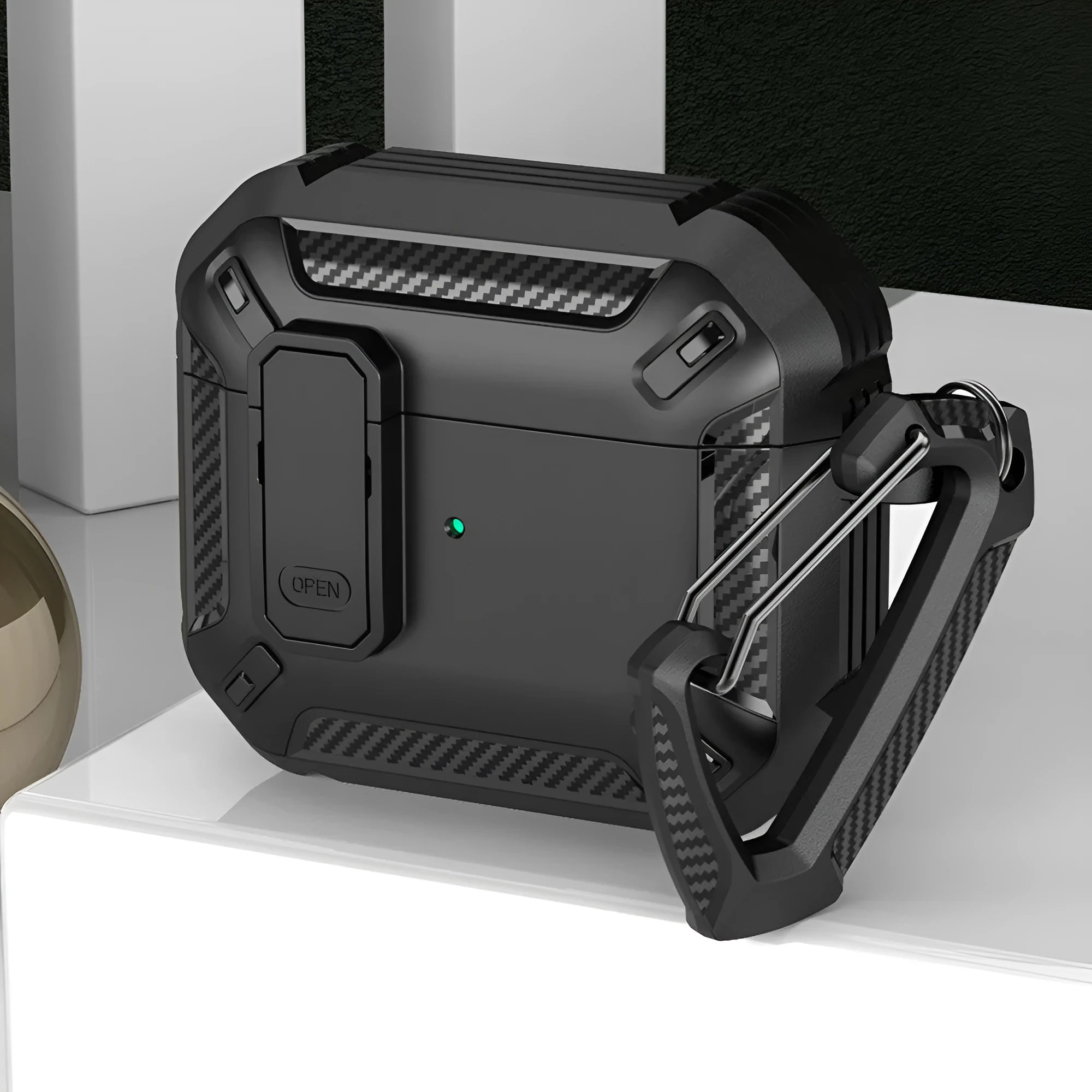 Two-colour plastic clamshell protective case for Apple AirPods with a metal hook attached.