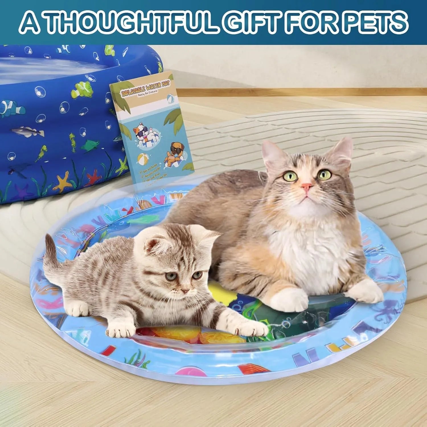 Square PVC water sensory playmat for pets showing inflated outer ring and central water area with floating fish toys.