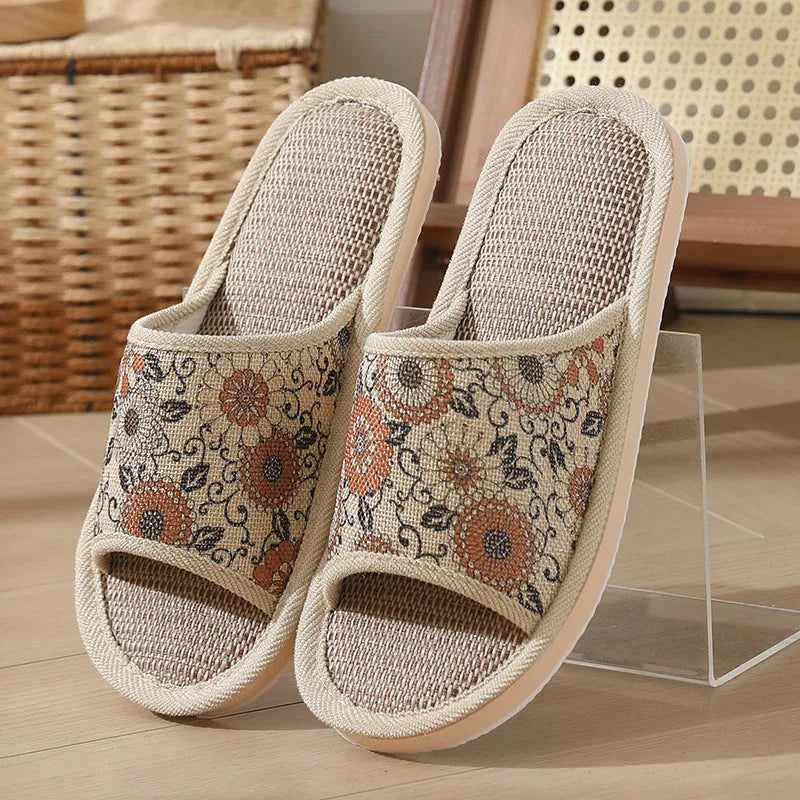 Women's open-toe linen slippers in various colours with thickening sole