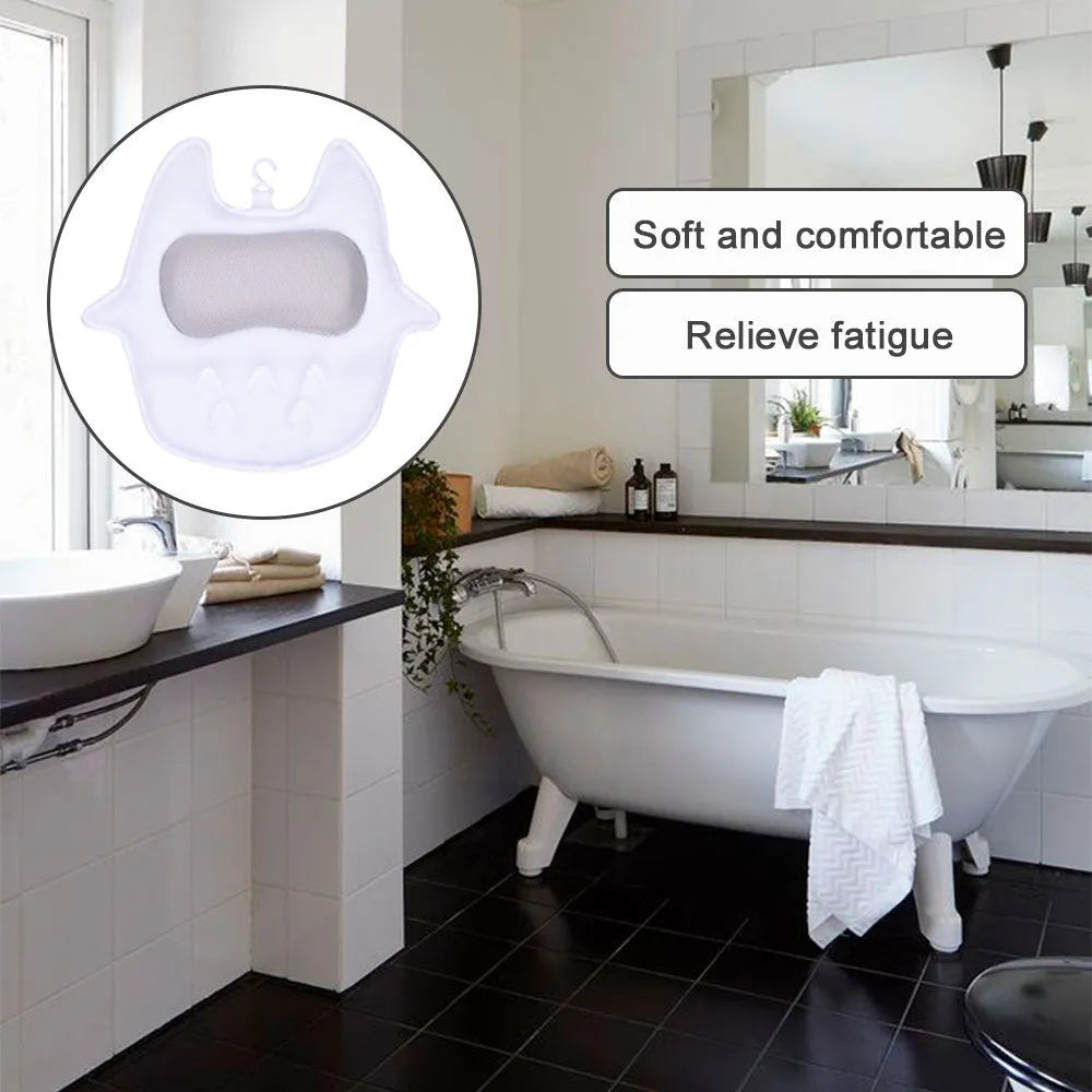 White ergonomic bathtub pillow with 5D mesh fabric and 55mm suction cups, 45cm square