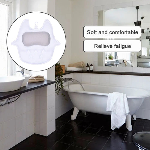White ergonomic bathtub pillow with 5D mesh fabric and 55mm suction cups, 45cm square