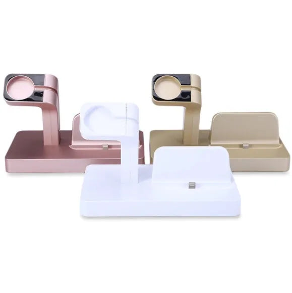 White 2-in-1 charging dock holding an iPhone and an Apple Watch on a wooden desk.