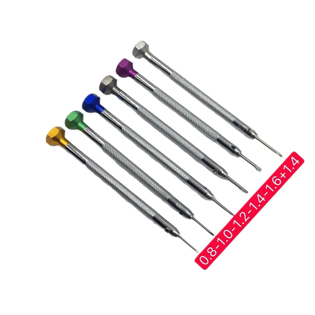 Six colour-coded aluminium handle screwdrivers for watch repair with meter repair tool
