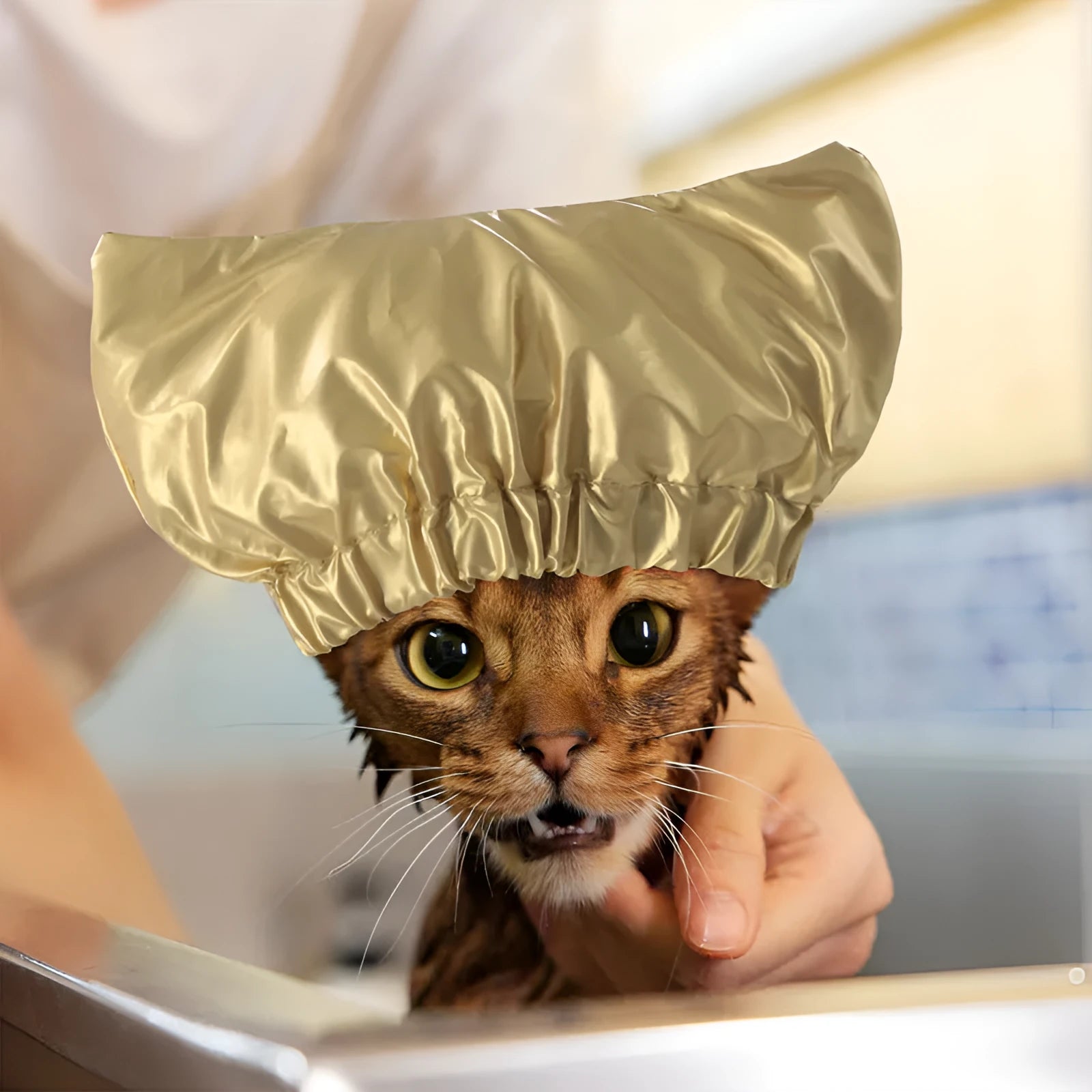 Adjustable pet shower cap in silver, pink or gold colours with waterproof non-woven fabric