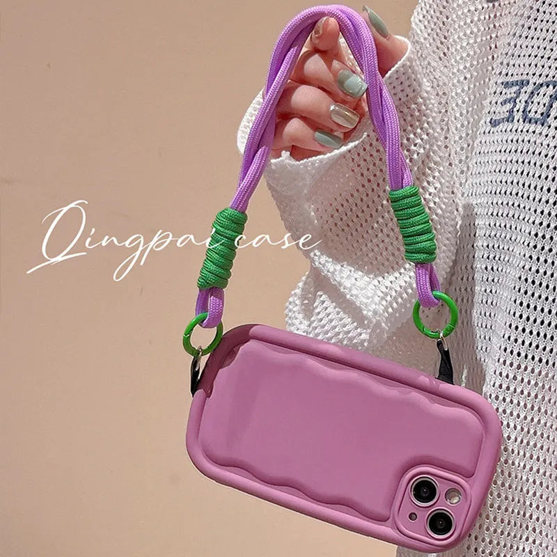 TPU phone case with ribbon wrist lanyard for Apple iPhone in multiple colours