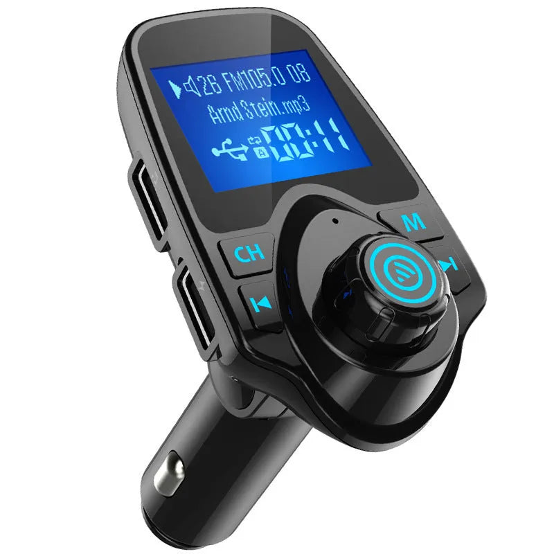 Black G7 car Bluetooth FM transmitter and hands-free kit with USB port for charging and audio playback.
