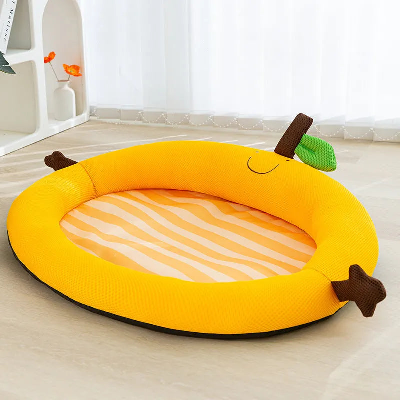 Green fruit backrest pet cooling mat bed for dogs cats with plush fabric