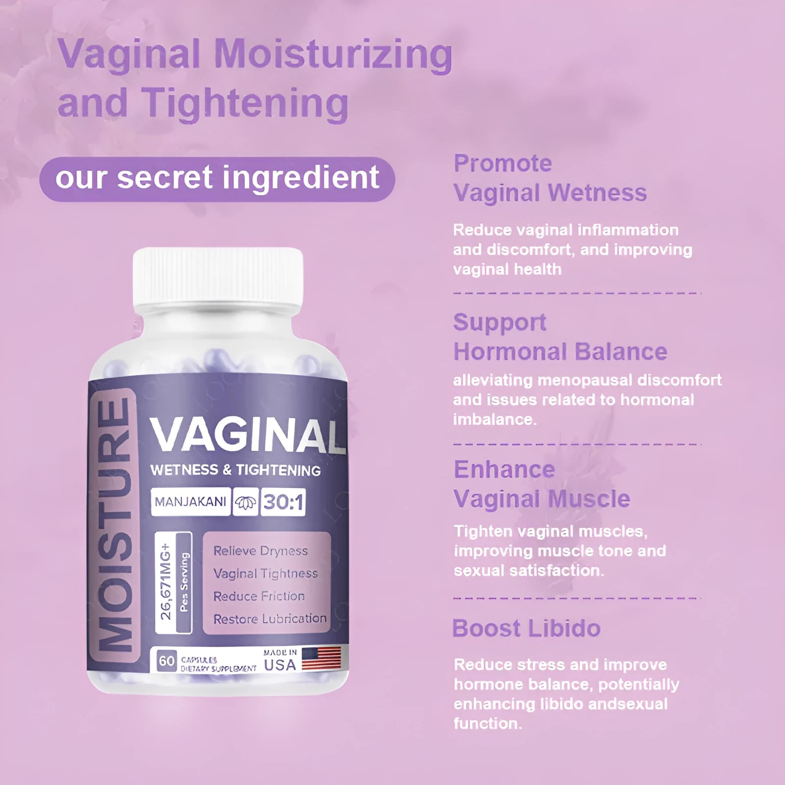 Bottle containing 60 vaginal capsules for women's intimate health with extraction process
