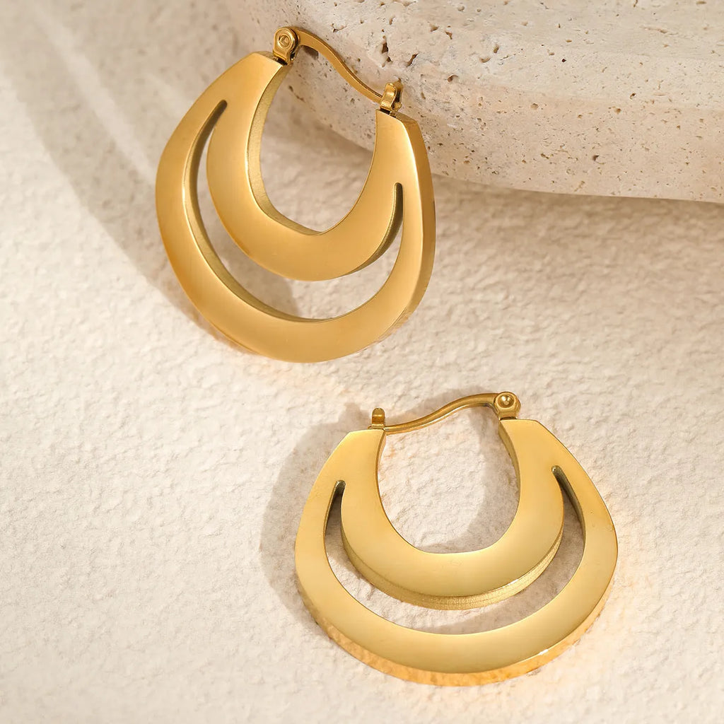 Geometric minimalist French earrings with 18K gold plating and round ring elements