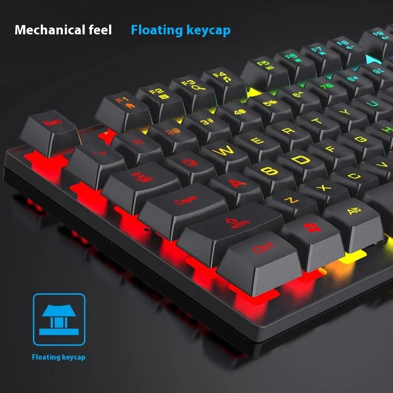 Black 104-key backlit gaming keyboard with optional mouse, showing ABS construction and 1.5m cable