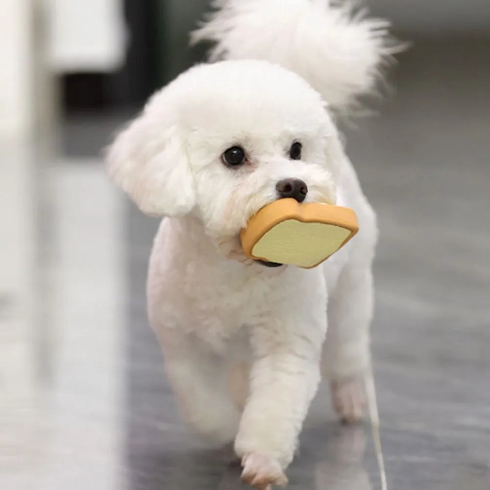 Yellow bread-shaped latex dog chew toy with cartoon pattern and squeaker for puppy training