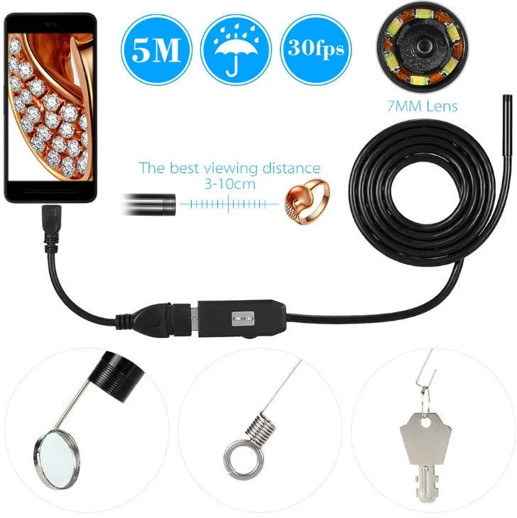OWSOO USB endoscope camera with 5 metre cable, 6 LED lights, and magnet hook accessories