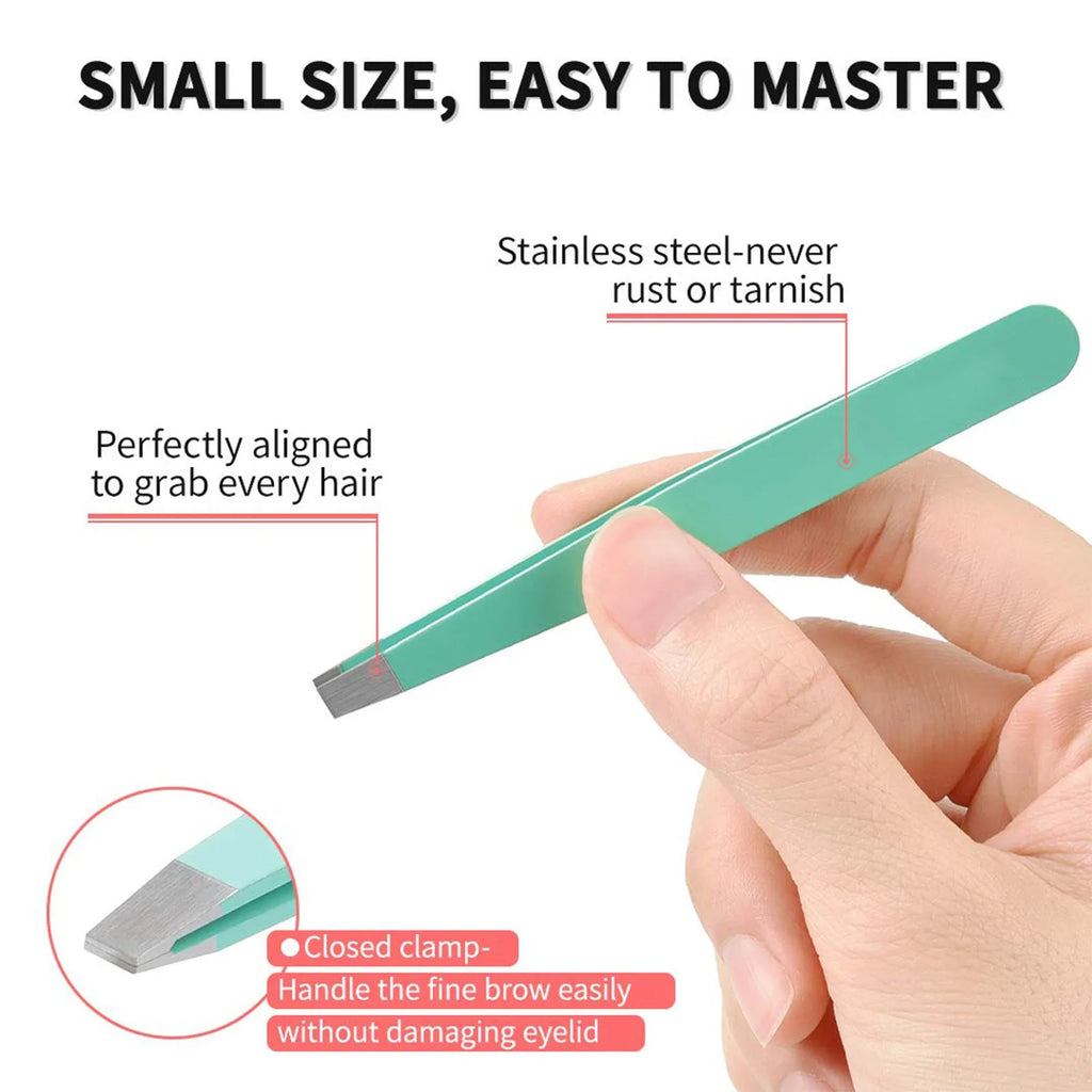 Six-piece stainless steel eyebrow tweezers set with scissors, brush, and leather case