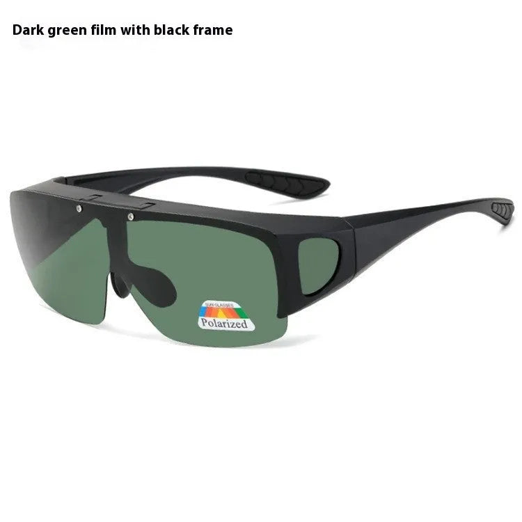 Polarized clip-on sunglasses with a one-piece frame shown in multiple lens colour options including black and grey