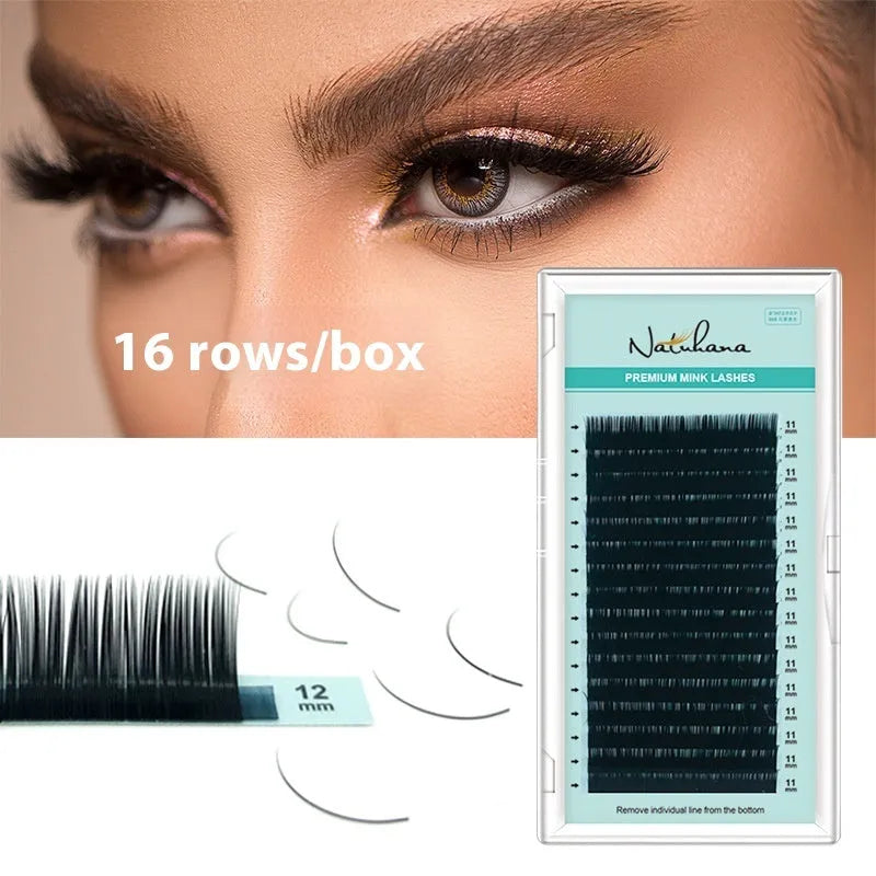 Soft artificial fibre velvet false eyelashes showing volume and length options from 0.05CC to 0.2CC and 7mm to 15mm.