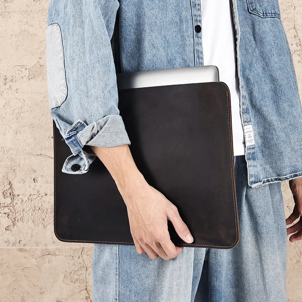 Genuine crazy horse leather computer liner bag in brown colour showing organisational compartments