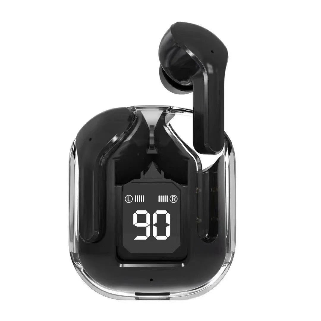 Transparent case true wireless Bluetooth earphones showing digital display with black, white, blue, green, and peach colour options