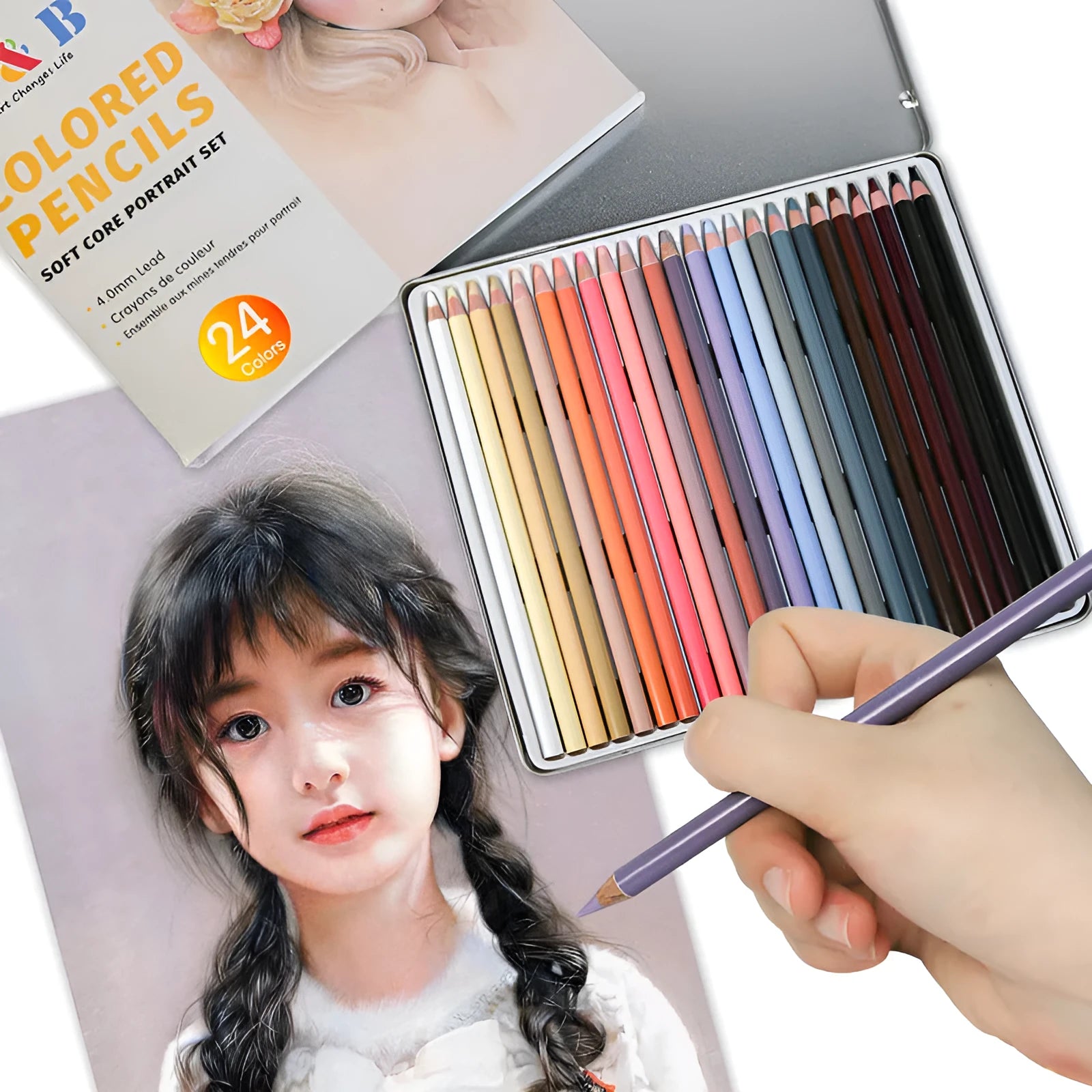 Set of 24 skin tone colour pencils in a round iron art case for portrait drawing.