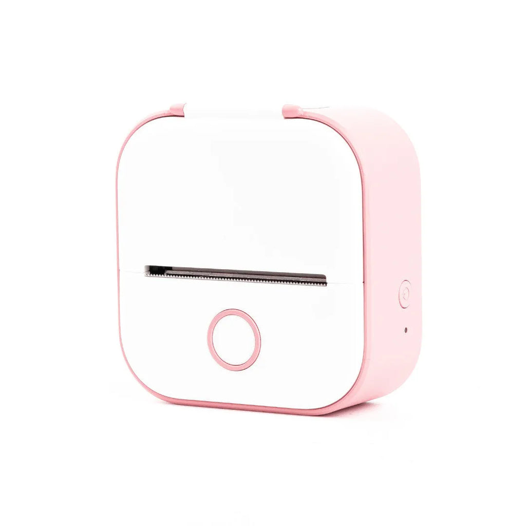 Phomemo T02 mini thermal label printer in white, showing front view with roll of sticky paper