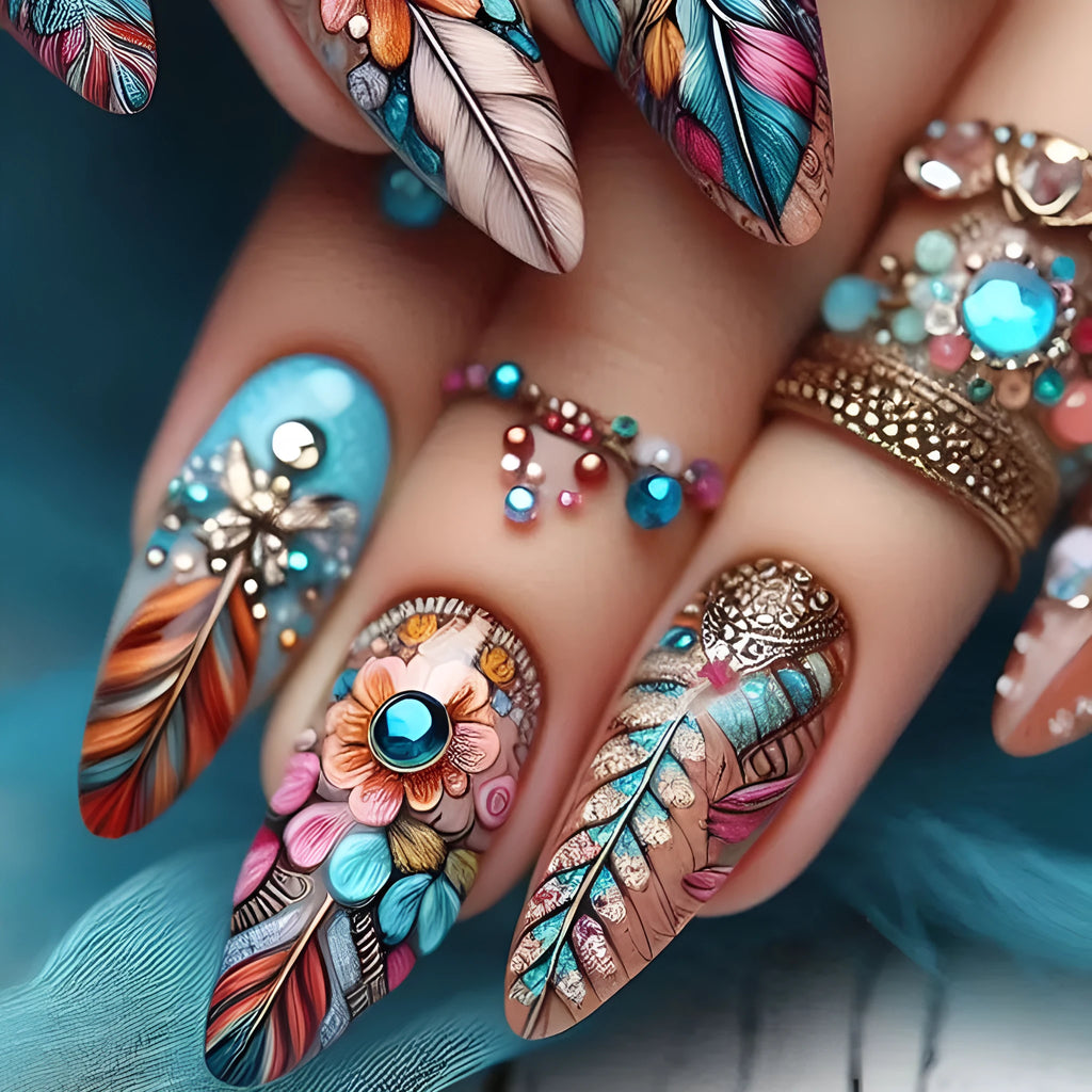 European and American retro colour feather nail armour kit with patterned designs and jelly glue burnishing sticks