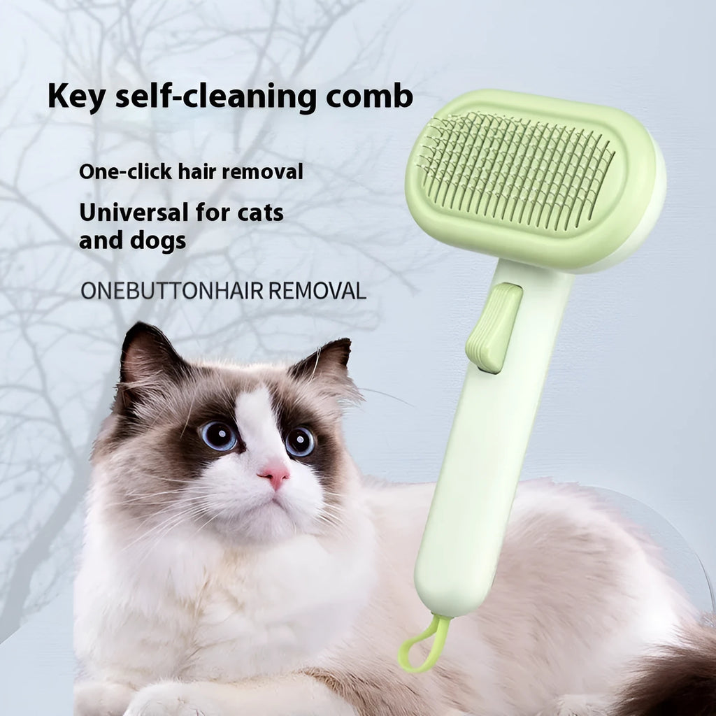 Large light grey pet grooming comb with stainless steel teeth and a built-in one-click shaver in the handle.