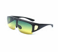 Polarized clip-on sunglasses with a one-piece frame shown in multiple lens colour options including black and grey