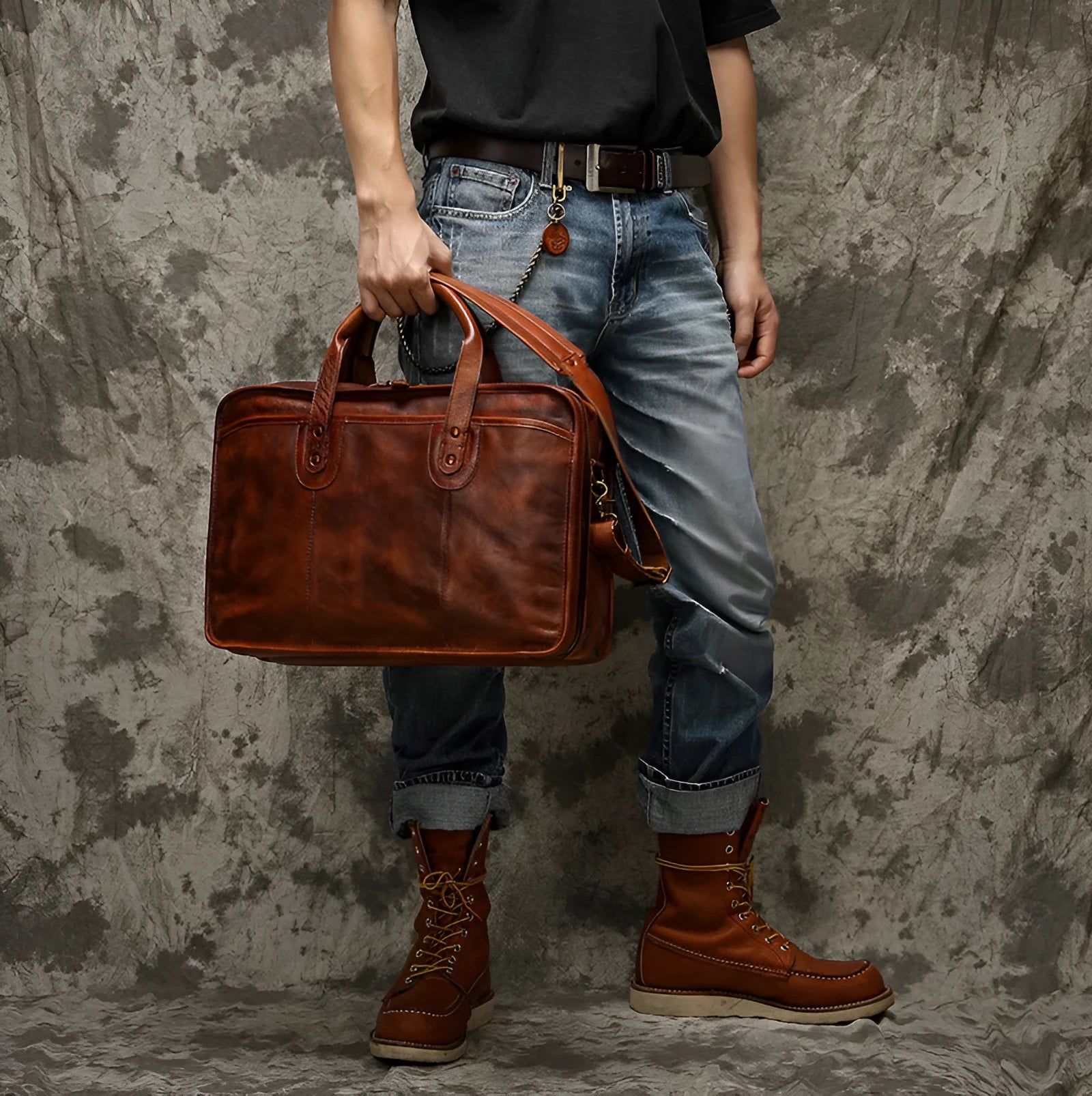 Men's vintage leather briefcase in horizontal square design with multiple internal compartments