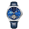 Men's automatic mechanical watch with blue dial and stainless steel case showing 14mm thickness