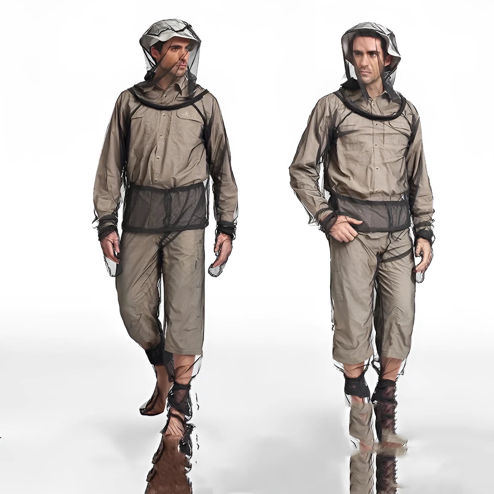 Adult wearing a full mesh anti-mosquito suit with hood, trousers, and booties for outdoor camping.