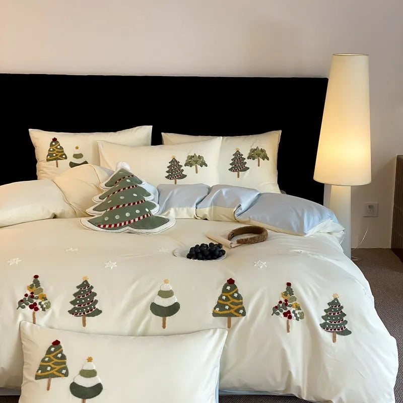Christmas tree towel embroidery on pure cotton four-piece bedding set in cream blue or green colours